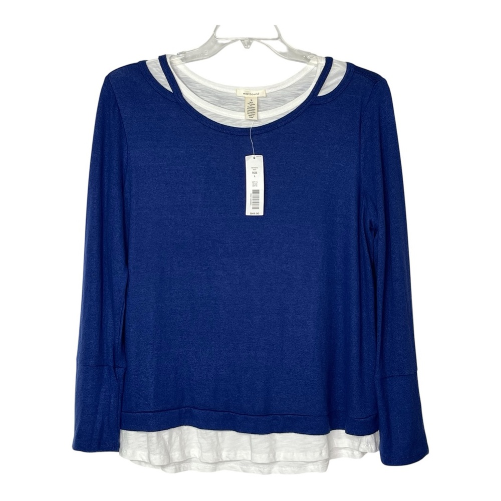 Westbound Navy/White Long Sleeve Sweater Layered Keyhole Back Women's Large